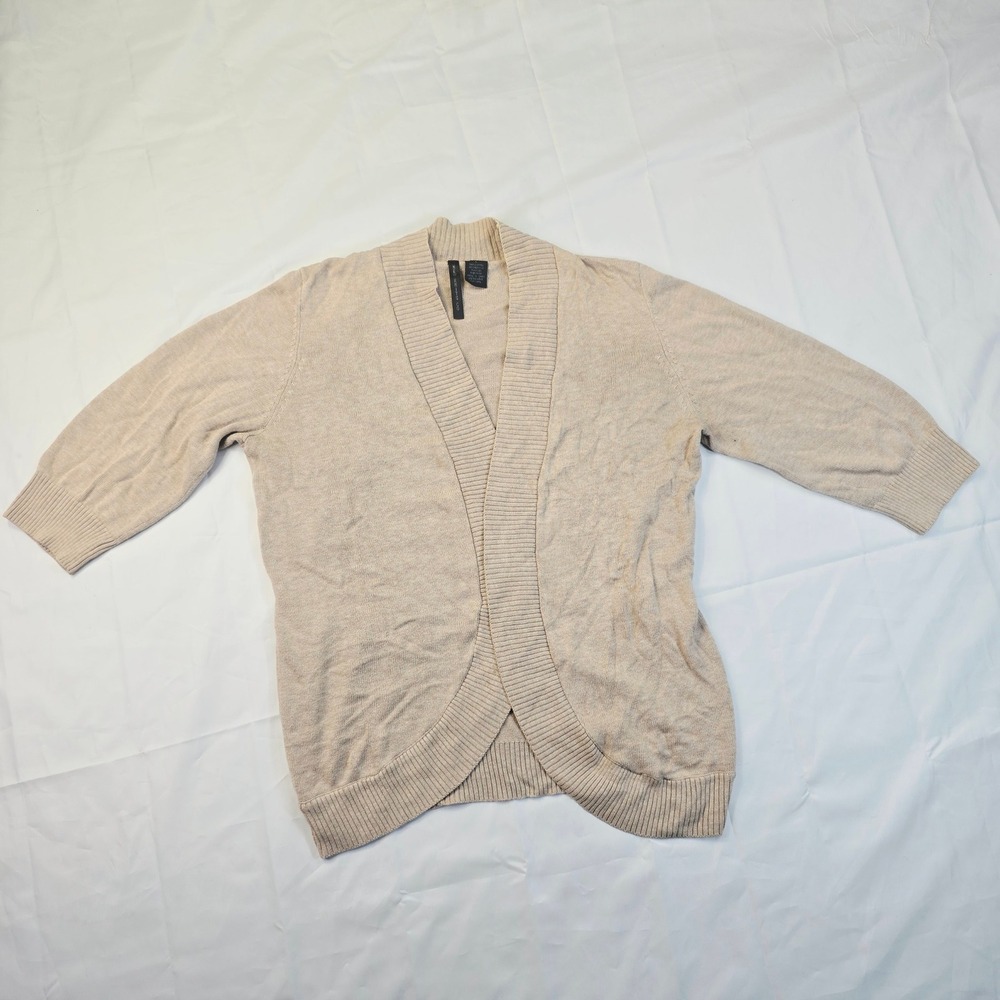 New Knits Co Women's Medium Cardigan Sweater Tan Open Front 3/4 Sleeve Draped F4